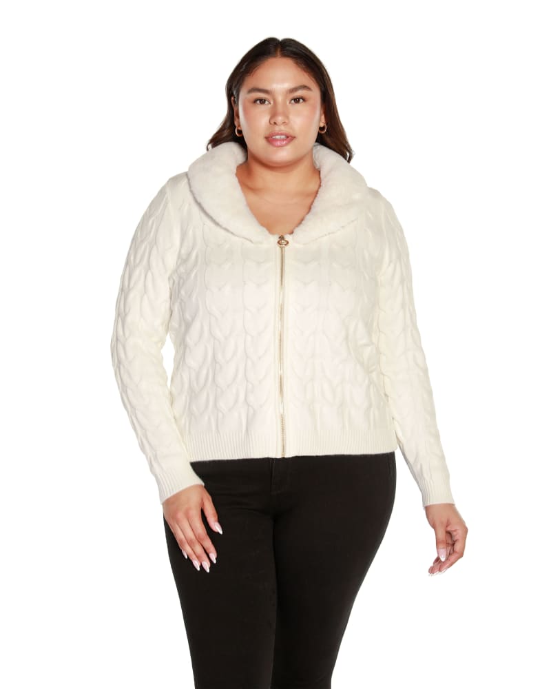 Front of a model wearing a size 1X Plus Size Faux Fur Collared Cable Cardigan in Winter White by Belldini Black Label. | dia_product_style_image_id:319190